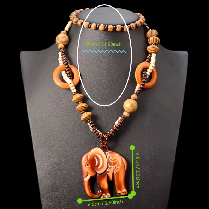 Vintage Beaded Pendant Elephant Charm Long Necklace
